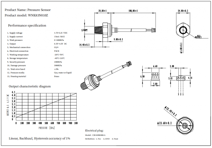 0.5-4.5V Ceramic Brass Pressure Sensor Anti Corrosion 0