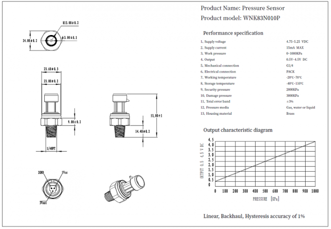 0.5-4.5V Ceramic Brass Pressure Sensor Anti Corrosion 1